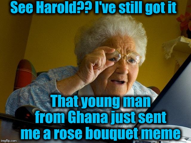 Grandma Finds The Internet | See Harold?? I've still got it; That young man from Ghana just sent me a rose bouquet meme | image tagged in memes,grandma finds the internet | made w/ Imgflip meme maker