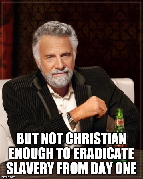 The Most Interesting Man In The World Meme | BUT NOT CHRISTIAN ENOUGH TO ERADICATE SLAVERY FROM DAY ONE | image tagged in memes,the most interesting man in the world | made w/ Imgflip meme maker