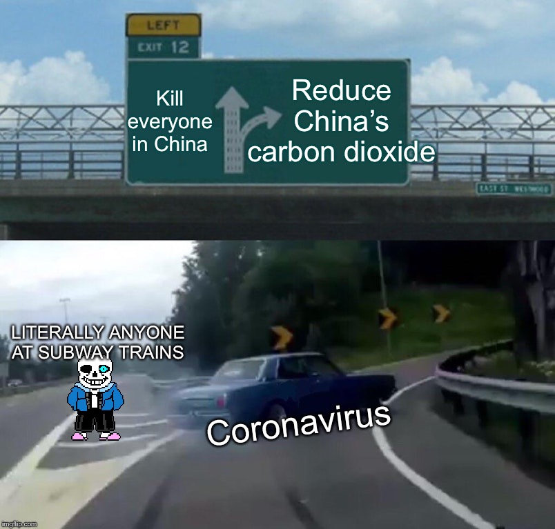 Left Exit 12 Off Ramp | Kill everyone in China; Reduce China’s carbon dioxide; LITERALLY ANYONE AT SUBWAY TRAINS; Coronavirus | image tagged in memes,left exit 12 off ramp | made w/ Imgflip meme maker