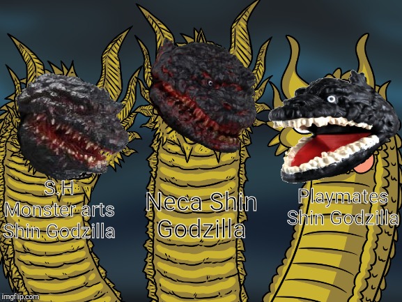 I only added the text to it so people can tell what's what | Neca Shin Godzilla; Playmates Shin Godzilla; S.H Monster arts Shin Godzilla | image tagged in repost,godzilla | made w/ Imgflip meme maker