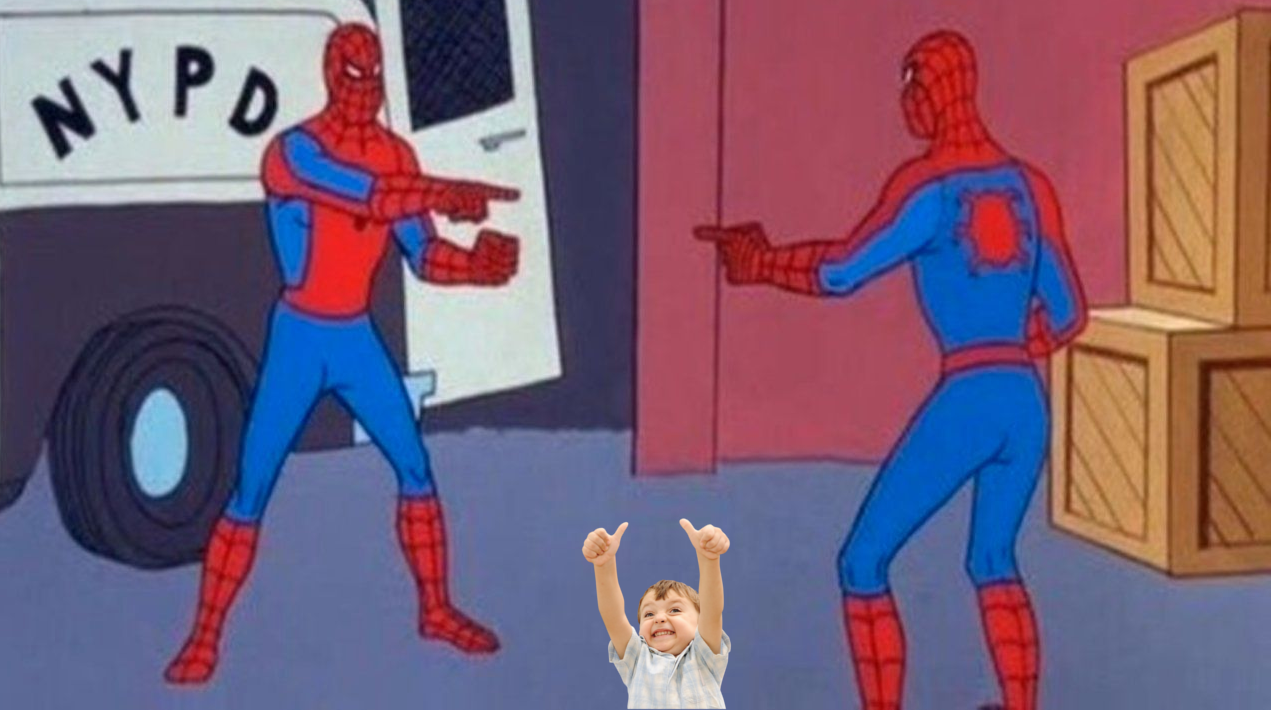 Spidermans pointing and an exited kid Blank Meme Template