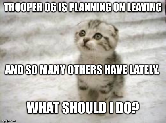 Sad Cat | TROOPER 06 IS PLANNING ON LEAVING; AND SO MANY OTHERS HAVE LATELY. WHAT SHOULD I DO? | image tagged in memes,sad cat | made w/ Imgflip meme maker