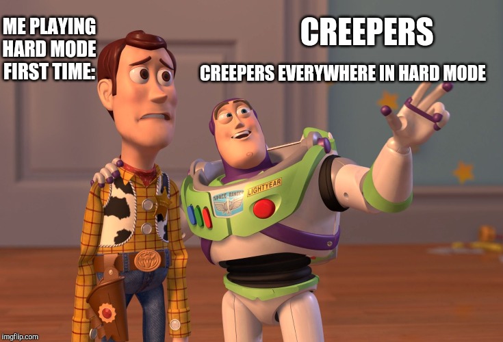 X, X Everywhere Meme | ME PLAYING HARD MODE FIRST TIME:; CREEPERS; CREEPERS EVERYWHERE IN HARD MODE | image tagged in memes,x x everywhere,minecraft | made w/ Imgflip meme maker