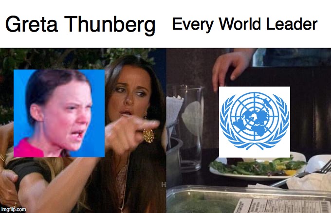 You have stolen my childhood | Greta Thunberg; Every World Leader | image tagged in memes,woman yelling at cat | made w/ Imgflip meme maker