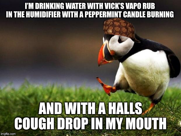 Unpopular Opinion Puffin | I’M DRINKING WATER WITH VICK’S VAPO RUB IN THE HUMIDIFIER WITH A PEPPERMINT CANDLE BURNING; AND WITH A HALLS COUGH DROP IN MY MOUTH | image tagged in memes,unpopular opinion puffin | made w/ Imgflip meme maker
