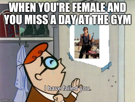 I have failed you | WHEN YOU'RE FEMALE AND YOU MISS A DAY AT THE GYM | image tagged in i have failed you | made w/ Imgflip meme maker