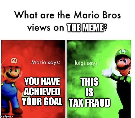 YOU HAVE ACHIEVED YOUR GOAL THIS IS TAX FRAUD THE MEME | image tagged in mario bros views | made w/ Imgflip meme maker