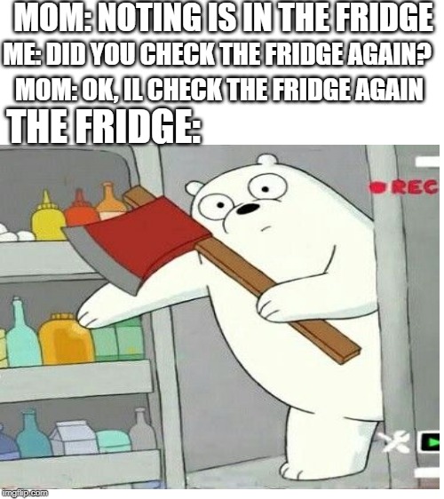 the fridge | MOM: NOTING IS IN THE FRIDGE; ME: DID YOU CHECK THE FRIDGE AGAIN? MOM: OK, IL CHECK THE FRIDGE AGAIN; THE FRIDGE: | image tagged in blank white template | made w/ Imgflip meme maker