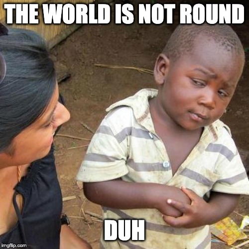 Third World Skeptical Kid | THE WORLD IS NOT ROUND; DUH | image tagged in memes,third world skeptical kid | made w/ Imgflip meme maker