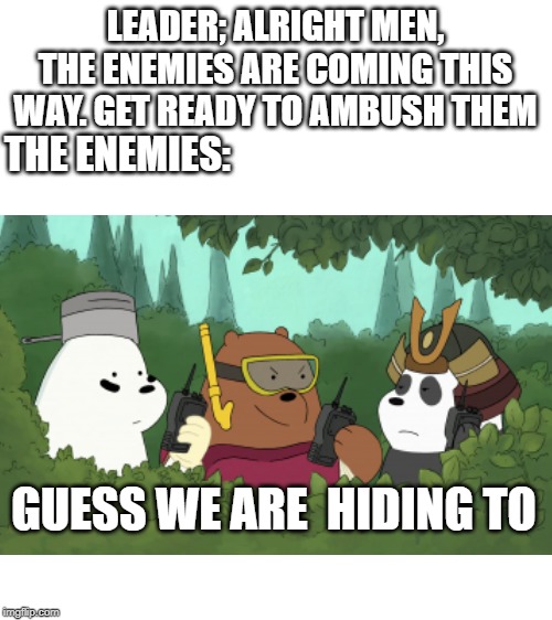 LEADER; ALRIGHT MEN, THE ENEMIES ARE COMING THIS WAY. GET READY TO AMBUSH THEM; THE ENEMIES:; GUESS WE ARE  HIDING TO | image tagged in blank white template | made w/ Imgflip meme maker