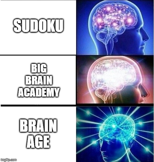SUDOKU BIG BRAIN ACADEMY BRAIN AGE | image tagged in expanding brain 3 panels | made w/ Imgflip meme maker