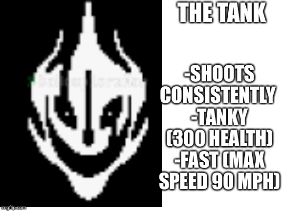 THE TANK -SHOOTS CONSISTENTLY 
-TANKY (300 HEALTH)
-FAST (MAX SPEED 90 MPH) | made w/ Imgflip meme maker