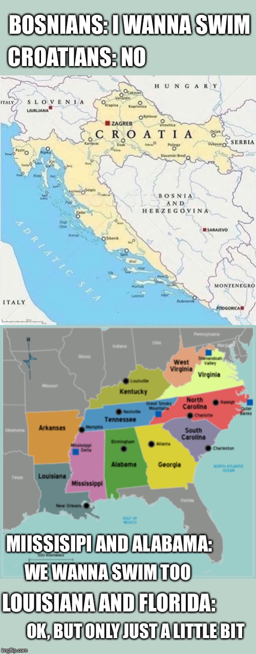 Water Hogs | BOSNIANS: I WANNA SWIM; CROATIANS: NO; MIISSISIPI AND ALABAMA:; WE WANNA SWIM TOO; LOUISIANA AND FLORIDA:; OK, BUT ONLY JUST A LITTLE BIT | image tagged in countries,united states,border,arguments,maps,funny not funny | made w/ Imgflip meme maker