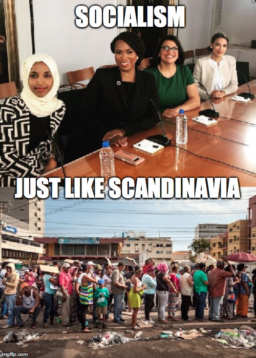 Squad social | SOCIALISM; JUST LIKE SCANDINAVIA | image tagged in socialism,the squad,bernie | made w/ Imgflip meme maker