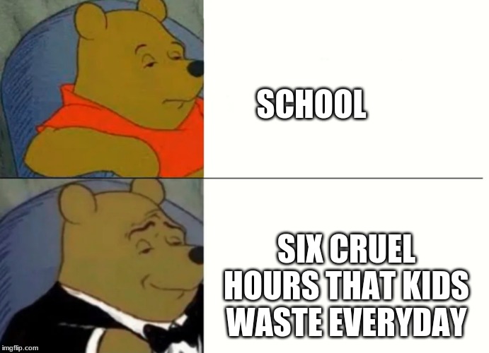 Fancy Winnie The Pooh Meme | SCHOOL; SIX CRUEL HOURS THAT KIDS WASTE EVERYDAY | image tagged in fancy winnie the pooh meme | made w/ Imgflip meme maker