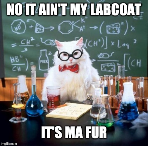 Chemistry Cat | NO IT AIN'T MY LABCOAT; IT'S MA FUR | image tagged in memes,chemistry cat | made w/ Imgflip meme maker