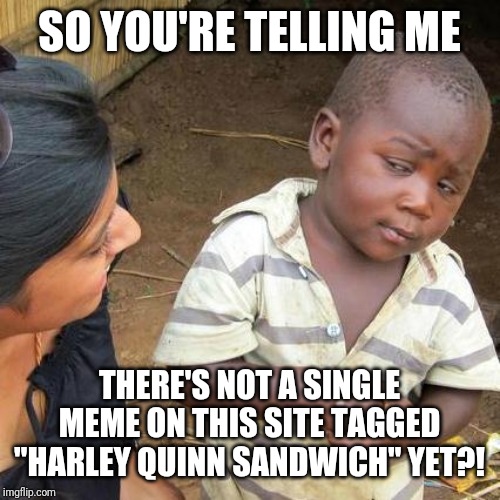 Harley Quinn Meme | SO YOU'RE TELLING ME; THERE'S NOT A SINGLE MEME ON THIS SITE TAGGED "HARLEY QUINN SANDWICH" YET?! | image tagged in memes,third world skeptical kid,harley quinn,harley quinn sandwich | made w/ Imgflip meme maker