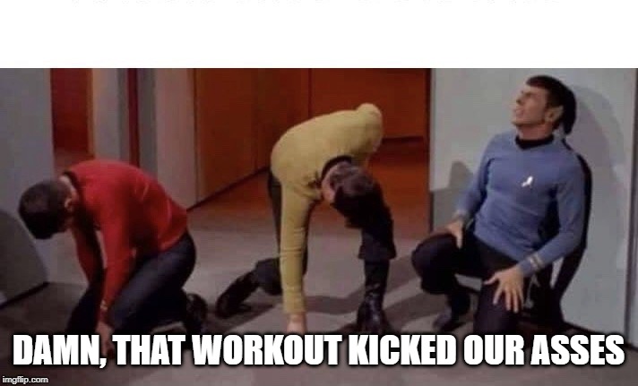 Worn Out Much? | DAMN, THAT WORKOUT KICKED OUR ASSES | image tagged in star trek | made w/ Imgflip meme maker