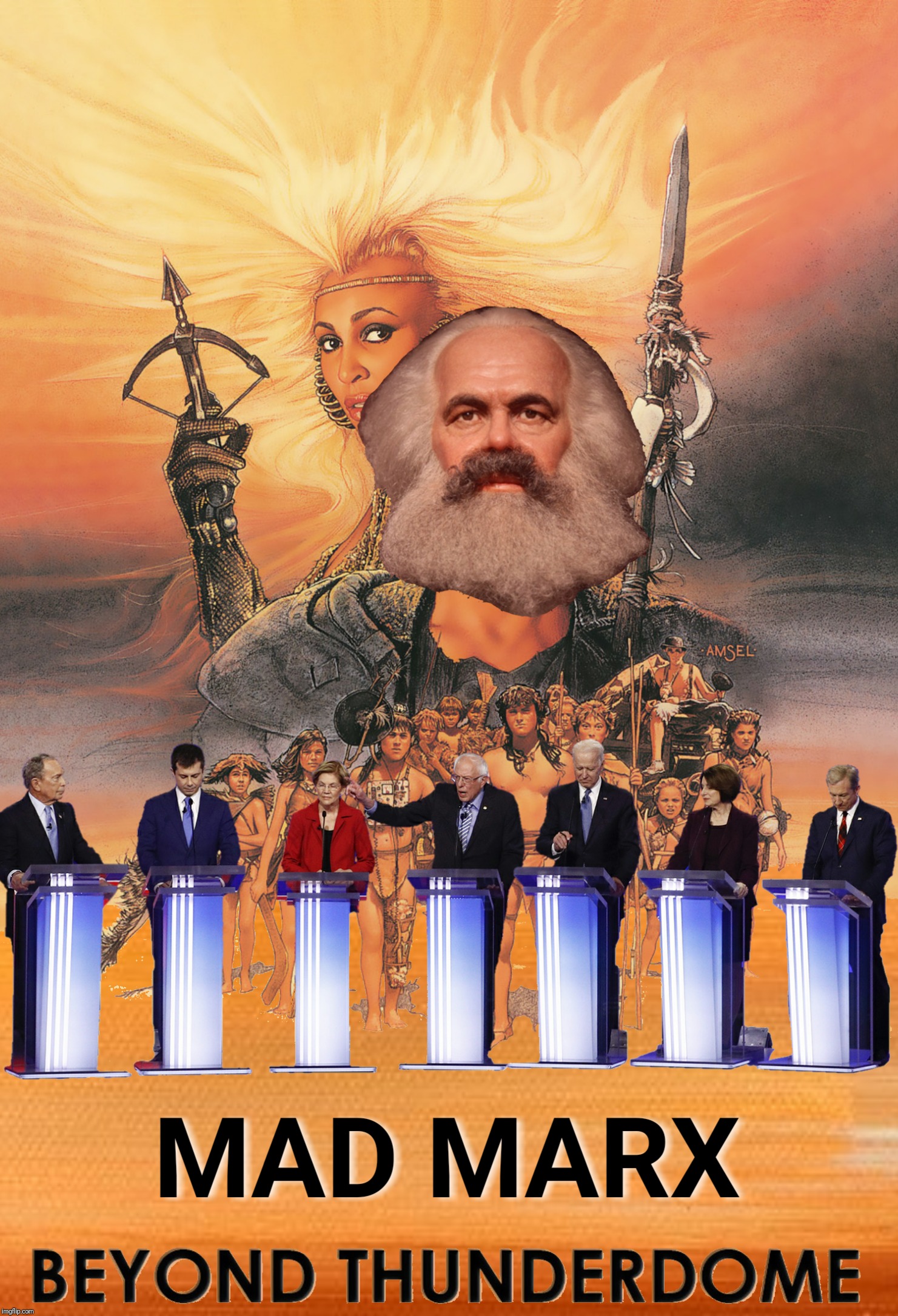 Bad Photoshop Sunday presents:  Seven candidates enter, no candidates leave | M | image tagged in bad photoshop sunday,mad max,karl marx,beyond thunderdome | made w/ Imgflip meme maker