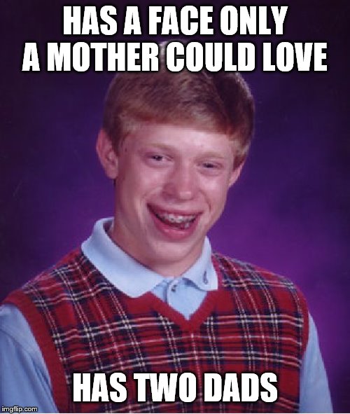 Bad Luck Brian | HAS A FACE ONLY A MOTHER COULD LOVE; HAS TWO DADS | image tagged in memes,bad luck brian | made w/ Imgflip meme maker