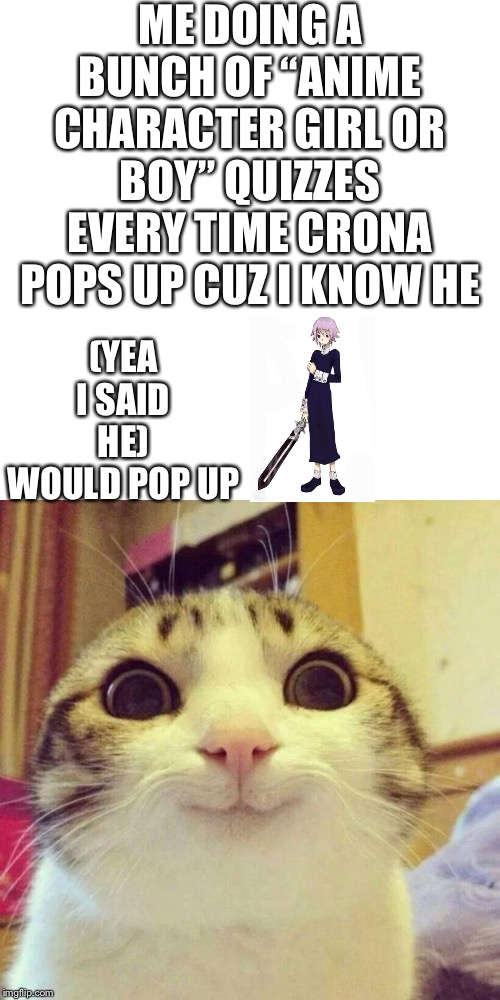 Smiling Cat Meme | ME DOING A BUNCH OF “ANIME CHARACTER GIRL OR BOY” QUIZZES EVERY TIME CRONA POPS UP CUZ I KNOW HE; (YEA I SAID HE) WOULD POP UP | image tagged in memes,smiling cat | made w/ Imgflip meme maker