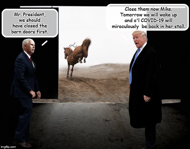 Trump Logic | Close them now Mike. Tomorrow we will wake up and o'l COVID-19 will miraculously  be back in her stall. Mr. President, we should have closed the barn doors first. | image tagged in coronavirus,donald trump,mike pence,trump is a moron | made w/ Imgflip meme maker