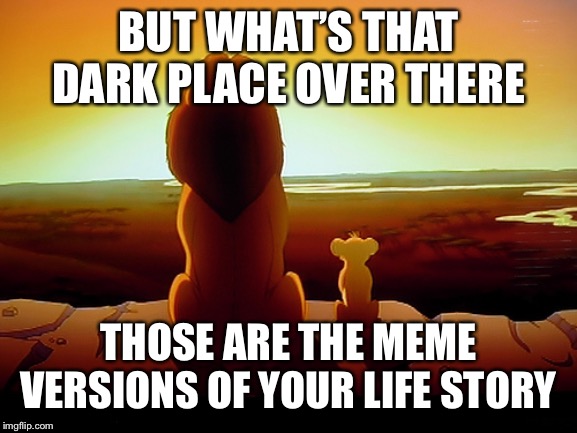 Lion King Meme | BUT WHAT’S THAT DARK PLACE OVER THERE THOSE ARE THE MEME VERSIONS OF YOUR LIFE STORY | image tagged in memes,lion king | made w/ Imgflip meme maker