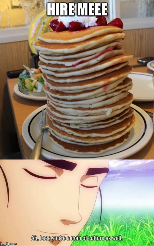 HIRE MEEE | image tagged in pancakes,ah i see you're a man of culture as well | made w/ Imgflip meme maker