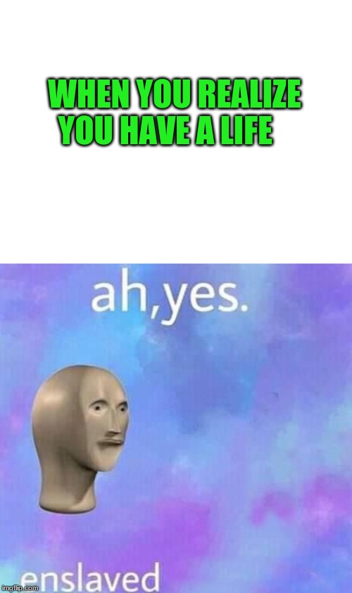 WHEN YOU REALIZE YOU HAVE A LIFE | image tagged in blank white template,ah yes enslaved | made w/ Imgflip meme maker
