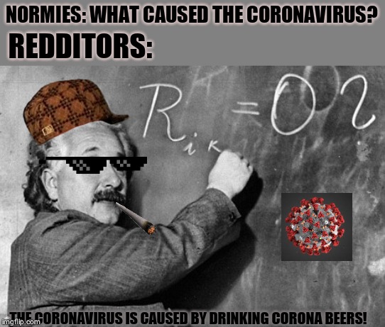 Smart | NORMIES: WHAT CAUSED THE CORONAVIRUS? REDDITORS:; THE CORONAVIRUS IS CAUSED BY DRINKING CORONA BEERS! | image tagged in smart,coronavirus,facts | made w/ Imgflip meme maker