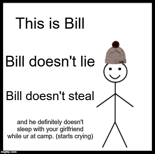 Be Like Bill | This is Bill; Bill doesn't lie; Bill doesn't steal; and he definitely doesn't sleep with your girlfriend while ur at camp. (starts crying) | image tagged in memes,be like bill | made w/ Imgflip meme maker