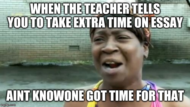 Ain't Nobody Got Time For That Meme | WHEN THE TEACHER TELLS YOU TO TAKE EXTRA TIME ON ESSAY; AINT KNOWONE GOT TIME FOR THAT | image tagged in memes,aint nobody got time for that | made w/ Imgflip meme maker