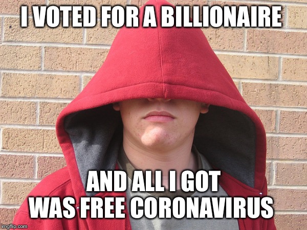 Hoodie White Guy | I VOTED FOR A BILLIONAIRE; AND ALL I GOT WAS FREE CORONAVIRUS | image tagged in hoodie white guy | made w/ Imgflip meme maker