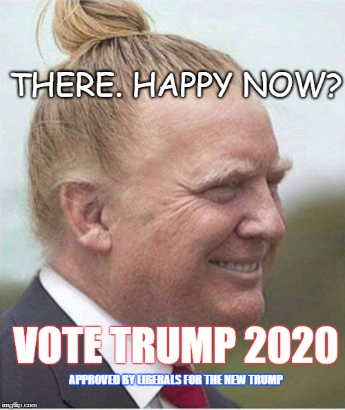 New Trump Hair | THERE. HAPPY NOW? VOTE TRUMP 2020; APPROVED BY LIBERALS FOR THE NEW TRUMP | image tagged in trump,bad hair,orange hair,liberals for trump,republicans,democrats | made w/ Imgflip meme maker