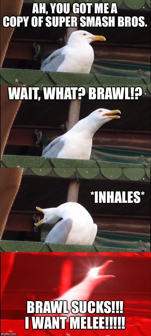 Super Smash Bros outrage | AH, YOU GOT ME A COPY OF SUPER SMASH BROS. WAIT, WHAT? BRAWL!? *INHALES*; BRAWL SUCKS!!! I WANT MELEE!!!!! | image tagged in memes,inhaling seagull,super smash bros,brawl,melee,fight | made w/ Imgflip meme maker