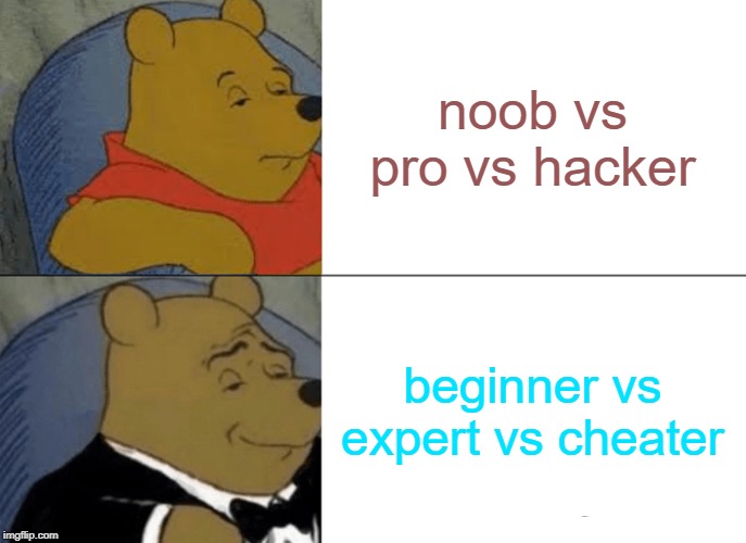 ive returned with a brain | noob vs pro vs hacker; beginner vs expert vs cheater | image tagged in memes,tuxedo winnie the pooh | made w/ Imgflip meme maker