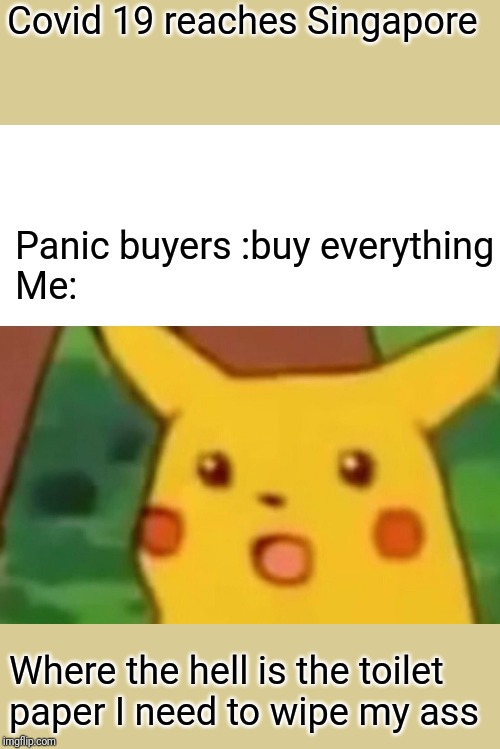 Surprised Pikachu | Covid 19 reaches Singapore; Panic buyers :buy everything
Me:; Where the hell is the toilet paper I need to wipe my ass | image tagged in memes,surprised pikachu | made w/ Imgflip meme maker