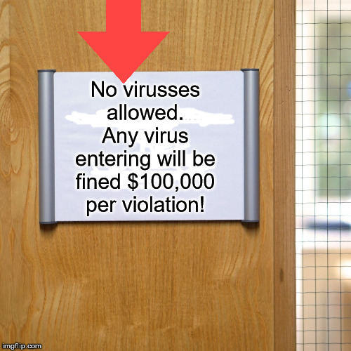 This will make sure the Corona virus will stay out. Won't it? | No virusses allowed. Any virus entering will be fined $100,000 per violation! | image tagged in corona virus,coronavirus,funny,memes | made w/ Imgflip meme maker