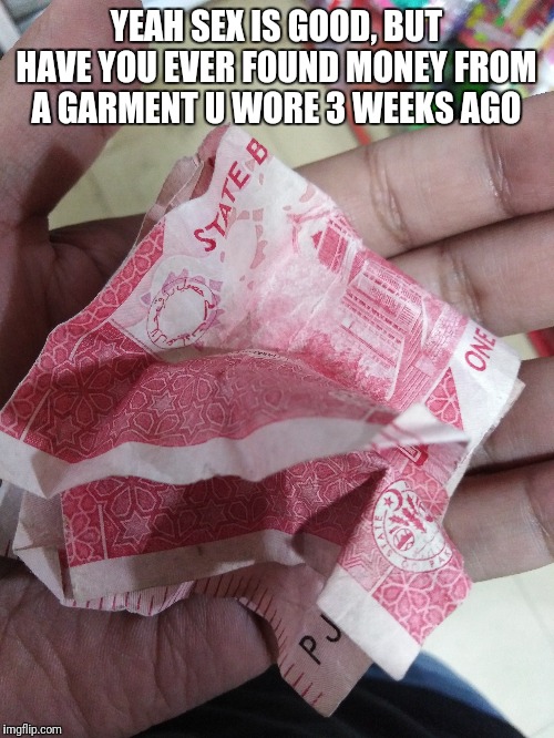 YEAH SEX IS GOOD, BUT HAVE YOU EVER FOUND MONEY FROM A GARMENT U WORE 3 WEEKS AGO | image tagged in funny memes | made w/ Imgflip meme maker