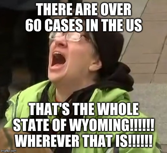 snowflake | THERE ARE OVER 60 CASES IN THE US THAT'S THE WHOLE STATE OF WYOMING!!!!!! WHEREVER THAT IS!!!!!! | image tagged in snowflake | made w/ Imgflip meme maker