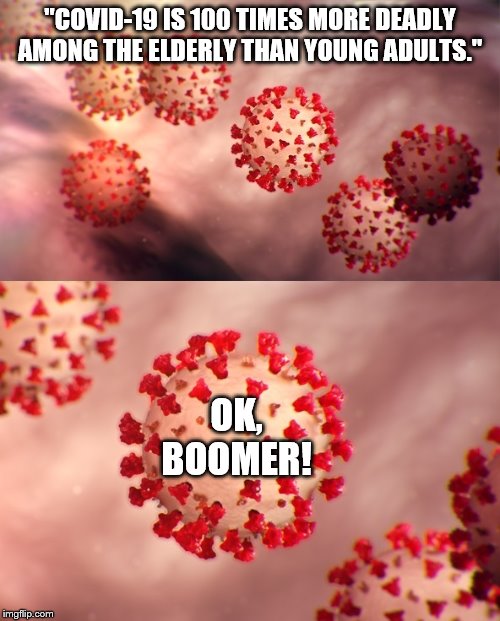 The coronavirus is coming for you! | "COVID-19 IS 100 TIMES MORE DEADLY AMONG THE ELDERLY THAN YOUNG ADULTS."; OK, BOOMER! | image tagged in memes,coronavirus,ok boomer,mortality rate | made w/ Imgflip meme maker