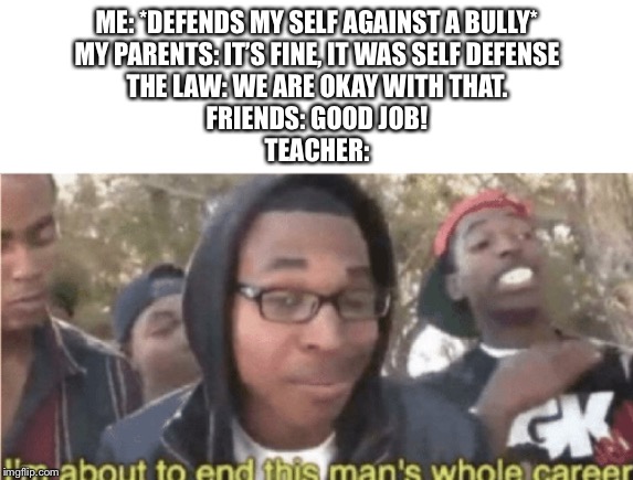 I’m about to end this mans whole career | ME: *DEFENDS MY SELF AGAINST A BULLY*
MY PARENTS: IT’S FINE, IT WAS SELF DEFENSE
THE LAW: WE ARE OKAY WITH THAT.
FRIENDS: GOOD JOB!
TEACHER: | image tagged in im about to end this mans whole career | made w/ Imgflip meme maker