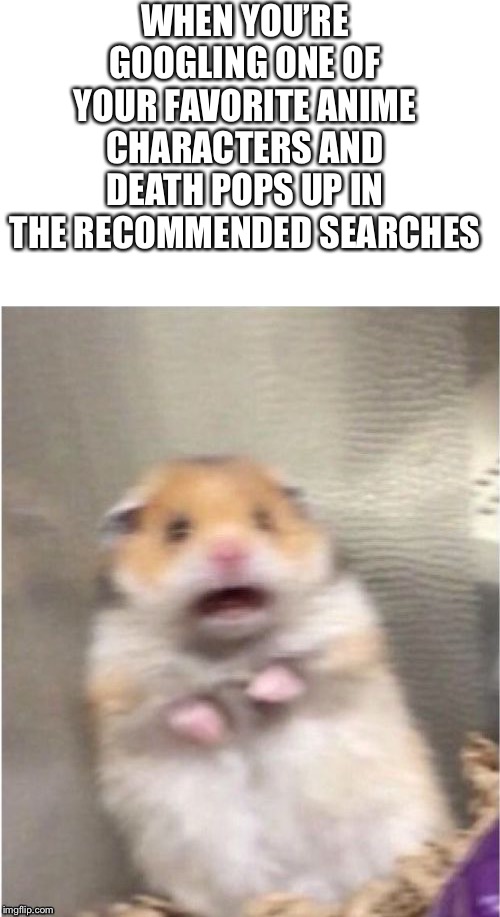 Scared Hamster | WHEN YOU’RE GOOGLING ONE OF YOUR FAVORITE ANIME CHARACTERS AND DEATH POPS UP IN THE RECOMMENDED SEARCHES | image tagged in scared hamster | made w/ Imgflip meme maker