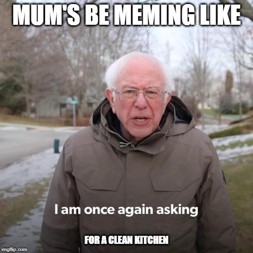 Bernie I Am Once Again Asking For Your Support | MUM'S BE MEMING LIKE; FOR A CLEAN KITCHEN | image tagged in bernie i am once again asking for your support | made w/ Imgflip meme maker