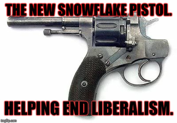 Backwards Gun | THE NEW SNOWFLAKE PISTOL. HELPING END LIBERALISM. | image tagged in backwards gun | made w/ Imgflip meme maker