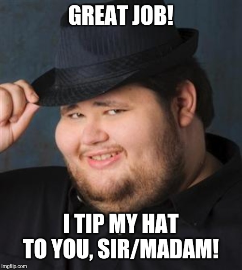 tips fedora | GREAT JOB! I TIP MY HAT TO YOU, SIR/MADAM! | image tagged in tips fedora | made w/ Imgflip meme maker