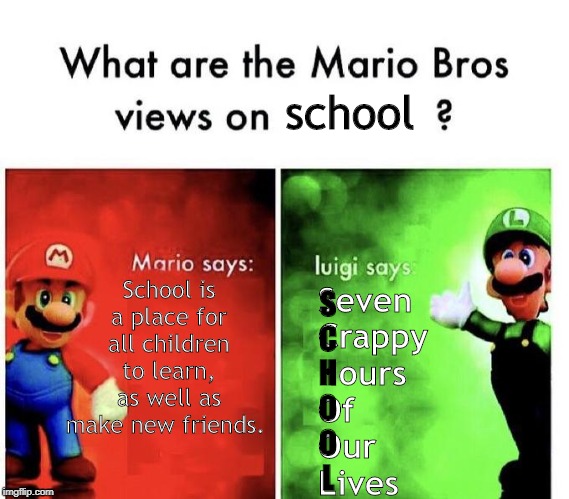 Mario Bros Views | school; School is a place for all children to learn, as well as make new friends. Seven 
Crappy
 iours 
Of 
Our
Lives; S
C
H
O
O
L | image tagged in mario bros views | made w/ Imgflip meme maker
