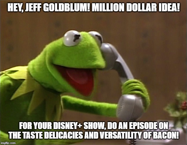 Because Who Doesn't Love Bacon? | HEY, JEFF GOLDBLUM! MILLION DOLLAR IDEA! FOR YOUR DISNEY+ SHOW, DO AN EPISODE ON THE TASTE DELICACIES AND VERSATILITY OF BACON! | image tagged in kermit the frog,jeff goldblum,bacon,i love bacon | made w/ Imgflip meme maker