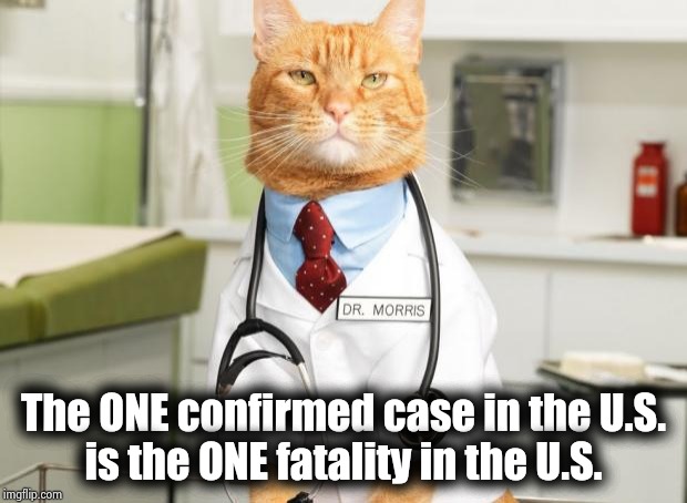 Cat Doctor | The ONE confirmed case in the U.S.
is the ONE fatality in the U.S. | image tagged in cat doctor | made w/ Imgflip meme maker