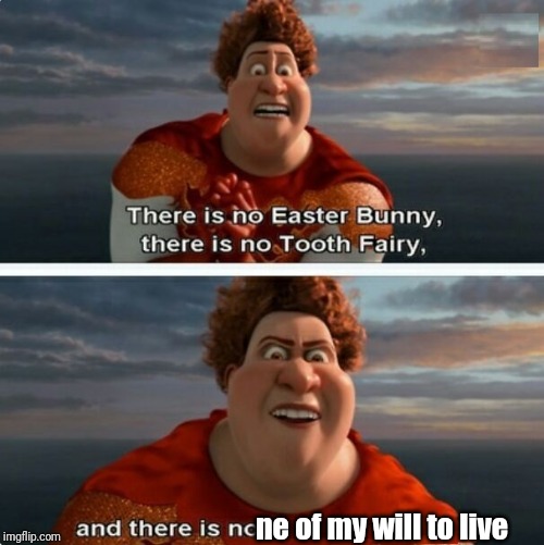 TIGHTEN MEGAMIND "THERE IS NO EASTER BUNNY" | ne of my will to live | image tagged in tighten megamind there is no easter bunny | made w/ Imgflip meme maker